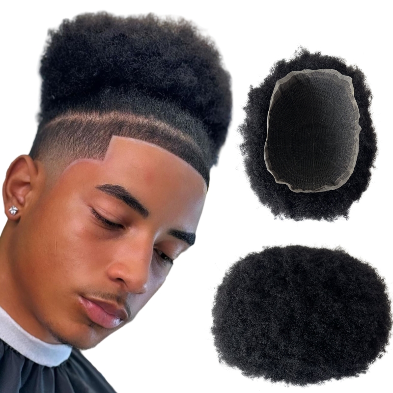 4mm Root Afro Toupee 1# Jet Black Color 8x10 Full Swiss Lace Unit