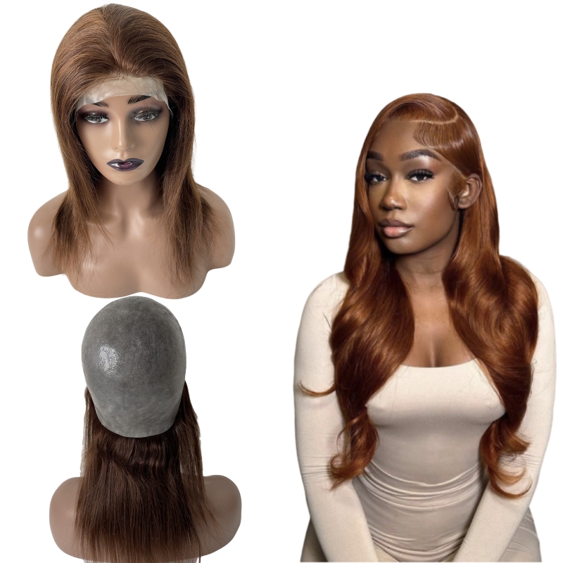 Human Hair Brown Color 4# Skin Full PU Wig for Woman