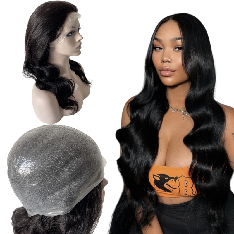 Human Hair Body Wave Natural Color Full PU Wig for Woman