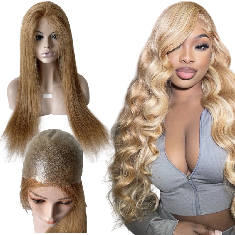 Human Hair Silky Straight Blonde Color 27# Skin Full PU Wigs for Woman