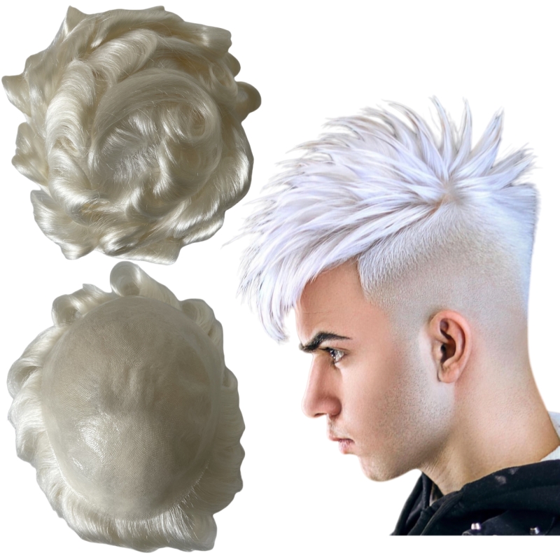 Human Hair Replacement 60# Platinum Color 32mm Wave Knots PU Toupee 8x10 Skin Unit for White Men