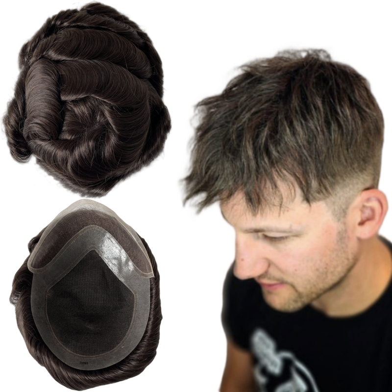 Human Hair Replacement #3 Dark Brown Color 32mm Wave Hollywood Unit  8x10 Toupee for Men 